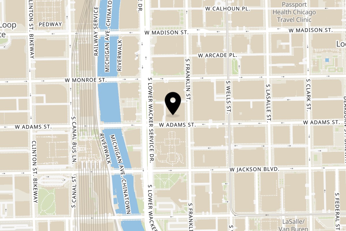 Map showing the location of Silk Road of Chicago on 312 W Adams St in Chicago